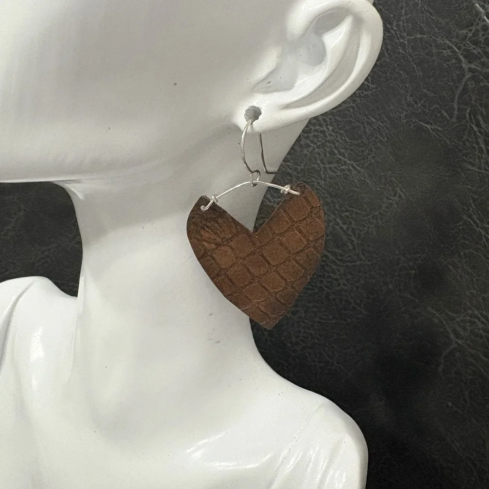 Large Heart Earrings Solid Copper Embossed